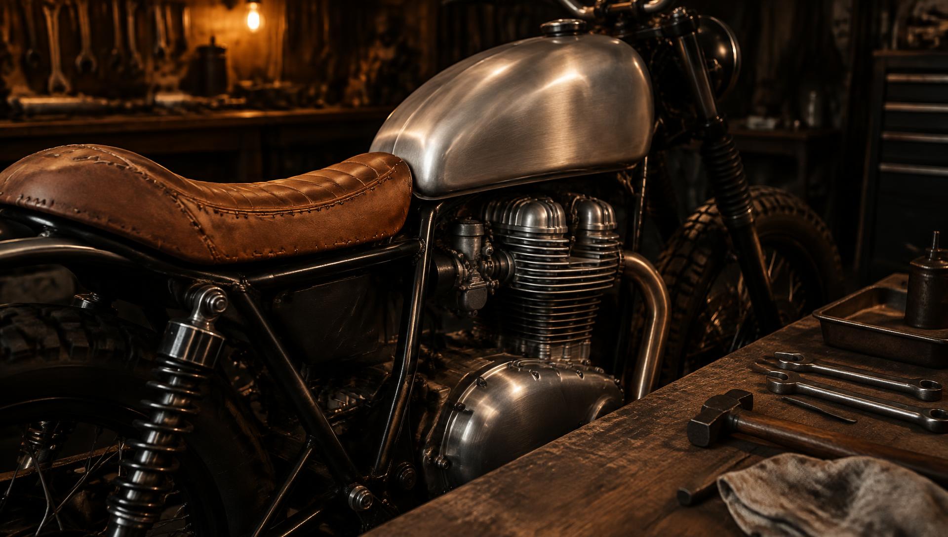 Close-up of a hand-built motorcycle's leather seat and brushed metal in a dark workshop
